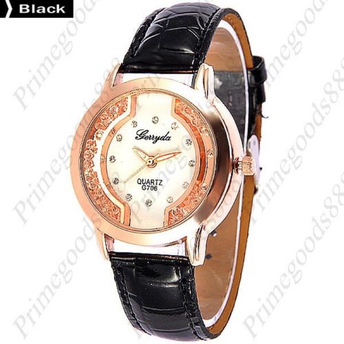 Round Rhinestones PU Leather Lady Ladies Wrist Quartz Wristwatch Women&#039;s Black