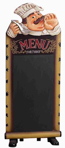 French Fat Chef With Chalkboard Menue Stand For Dining Area