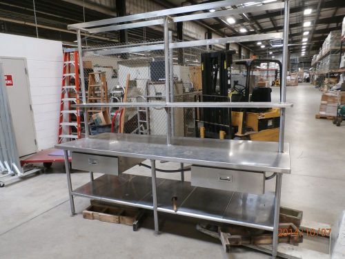 stainless table with drawers and overhead shelf and rack industrial