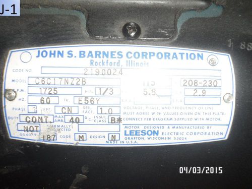 JOHN BARNES CORP PUMP MOTOR LESSON SINGLE PHASE 1700 RPM