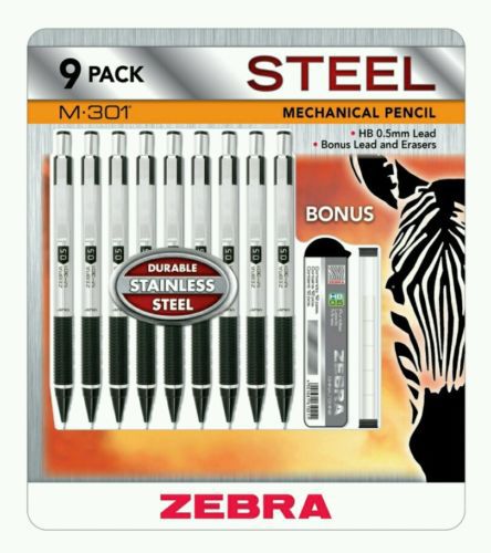 Zebra F-301 Steel Barrel Pencils Fine (9 Pack) 0.5mm/0.7mm Point Size Refillable