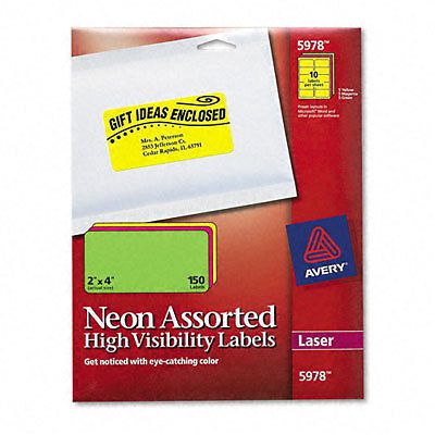 Avery 5978 Neon Laser Shipping Labels, 2&#034; x 4&#034;,Assorted Colors,150/Box