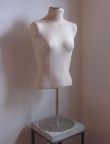 Vintage mannequin linen covered female torso steel stand for sale