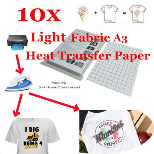 10 Sheets T-Shirt Inkjet Iron-On Heat Transfer Paper Copier For Light Fabric  A3