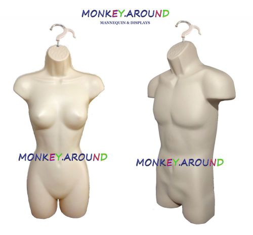2 mannequins,male female flesh dress body torso form+2 hook-display clothing new for sale