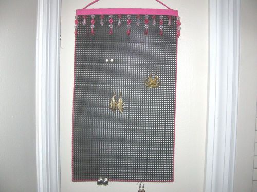 * Hanging Earring Holder DARK PINK &amp; CLEAR beads on BLACK Longer