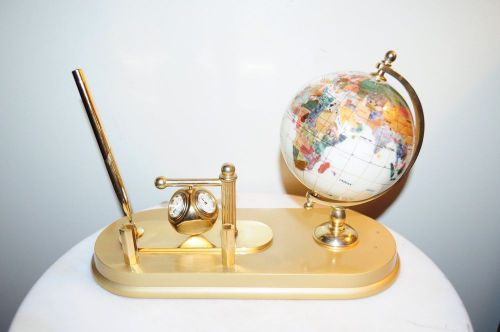 *BEST* Exceptional Brass Real Gemstones Globe Pen Clock Business Card Desk Set