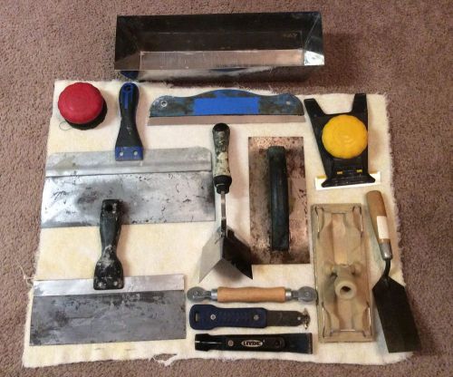 Lot of 13 drywall flooring wallpaper concrete tools -mud pan hyde drywall knifes for sale