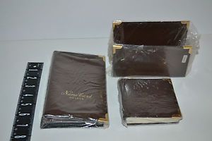 Vtg business card holder note pad, paper holder brown faux leather metal corners for sale