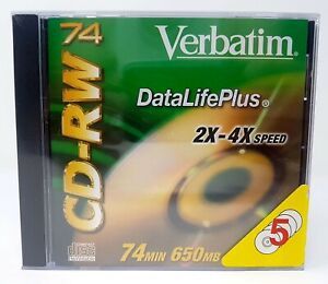 5 Pack Verbatim CD-RW 74 Min DataLifePlus 2x-4x Speed 650 MB  New Sealed