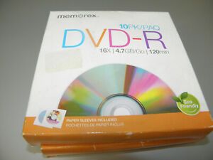 2-10 PACKS(20 DISCS) MEMOREX DVD-R 16X 4.7GB/Go 120min DISCS w/PAPER SLEEVES