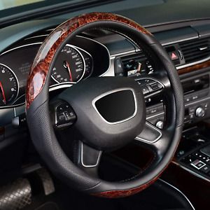 KAFEEK Wood Grain Steering Wheel Cover, Universal 15 inch, Microfiber Leather,An