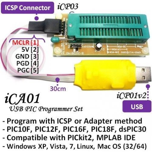 Bid1! iCA01 USB Microchip PIC Programmer Set (ICSP &amp; Adapter) with PICkit2 SW