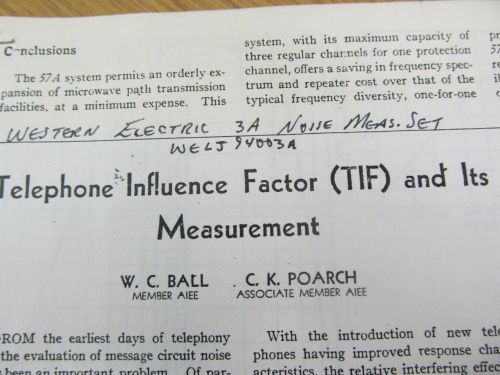WESTERN ELECTRIC 3A Noise Measure Description and Article &#034;TIF and Its Measure&#034;