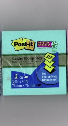 POST IT POP-UP NOTES 3&#034; X 3&#034; PAD OF 90 SHEETS TEAL RECYCLED