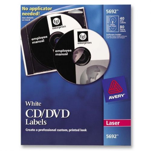 Avery 5692 Laser White CD/DVD Labels Pack Of 40 Labels - 80 Spine Labels