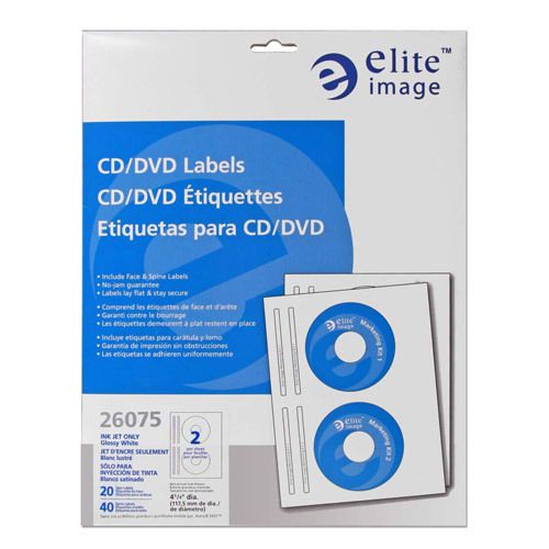 Elite Image Label CD/DVD InkJet Glossy White 20 Pack. Sold as 1 Pack