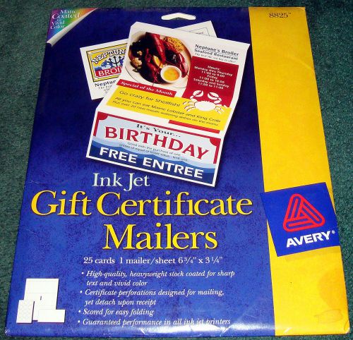 Avery 8825 Ink Jet Matte Coated Gift Certificate Mailers 6 3/4 x 3 1/4  Sealed!