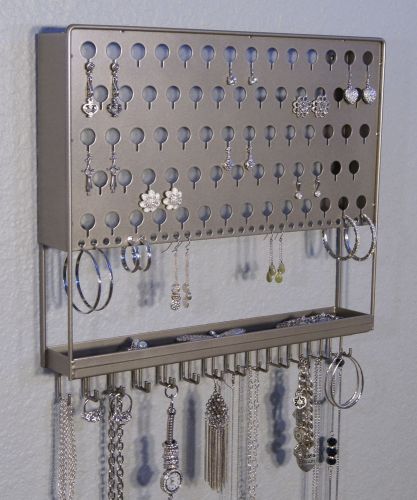 Wall jewelry organizer earring holder hanging necklace storage rack metal silver for sale