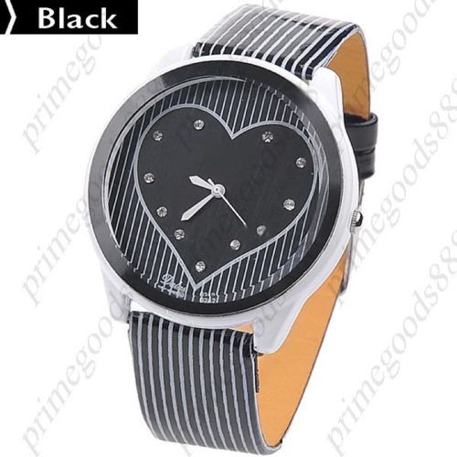 Heart face pinstripes rhinestones quartz wrist wristwatch women&#039;s black for sale