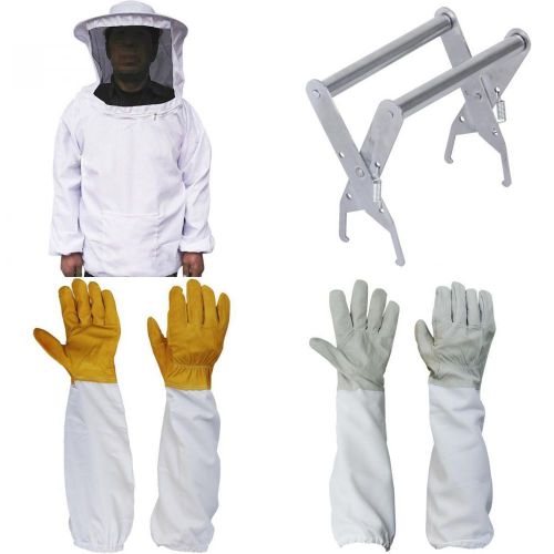 Smock Suit + 2pairs Gloves + Bee Hive Frame Holder Grabber Protect for Beekeeper