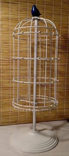 White bird cage with ceramic blue bird on top jewelry display organizer, spinner for sale