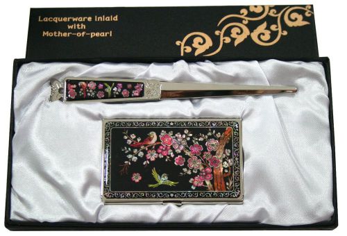 Nacre ume flower Business card holder case envelope letter opener gift set#01