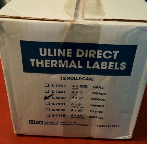 Case of 12 Rolls Uline 4&#034; x 6&#034; Direct Thermal Labels S-6802 (3000 labels) #4dk