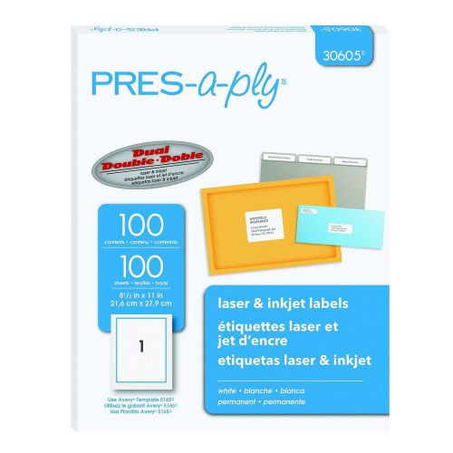 Pres-a-ply Laser Address Labels 8.5 x 11 Inches White Box of 100 (30605)