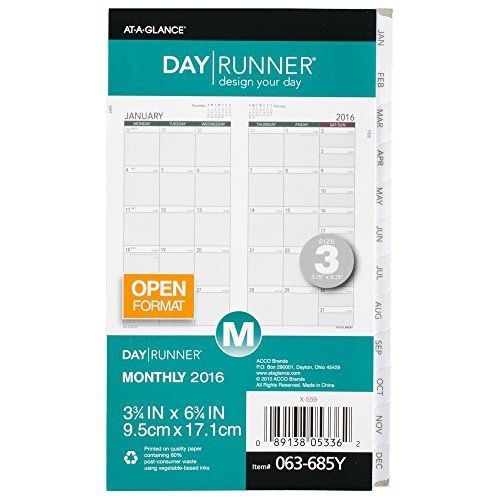 Day Runner Monthly Planning Pages 2016, 12 Months, Loose-Leaf, Size 3, 3.75 x