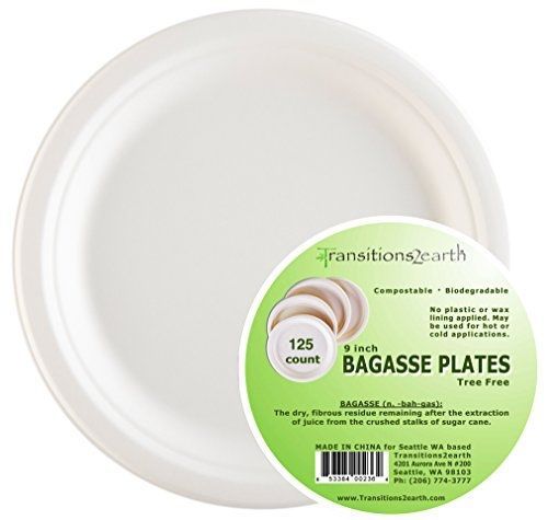 Transitions2earth Biodegradable/ Compostable 9&#034; Bagasse Plates (125) - Plant a