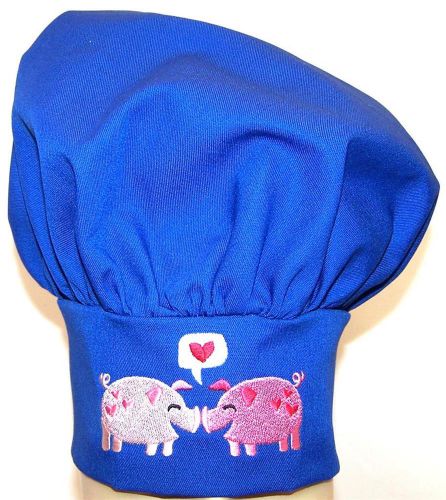 Pigs &amp; Hearts Chef Hat Adult Blue Adjustable Cook Piggy Pig Pair Love Monogram