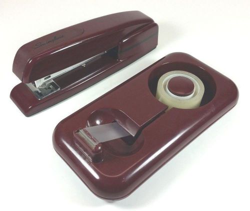 Tenex Desktop Stapler and Tape Dispenser Set Burgundy Vintage Office Equipment