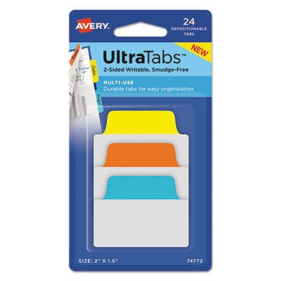 Ultra Tabs Repositionable Tabs, 2 x 1 1/2, Primary:Blue, Orange, Yellow, 24/Pack