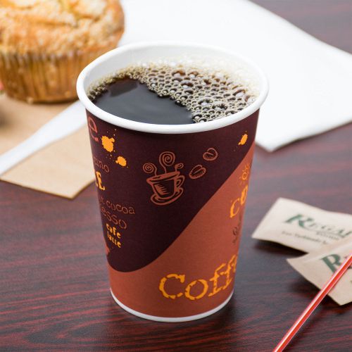 Poly paper hot cup with coffee design - 1000 / case with lids 8, 12 and 16 oz for sale