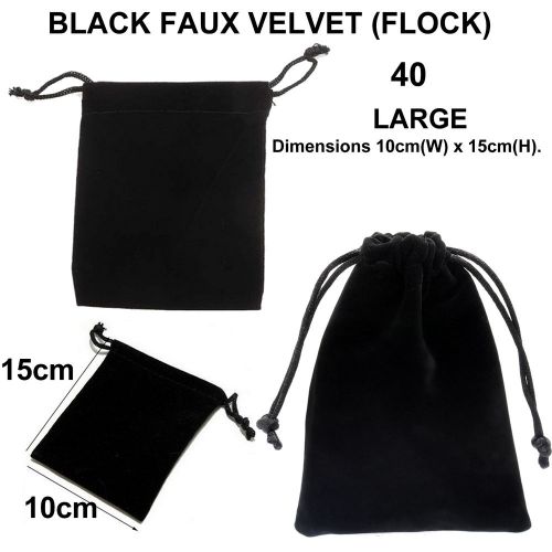 BULK 40 Large Black Soft Velvet Jewellery Drawstring Gift Bag Flock 15 x 10cms