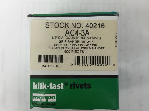 (BOX OF 500) KLIK-FAST AC4-3A 1/8&#034; DIA. COUNTERSUNK RIVET GRIP RANGE 1/8&#034;-3/16&#034;