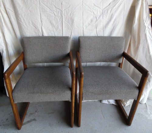 TWO office side or guest chairs, grey fabric, oak wood frames LOCAL PICK-UP ONLY
