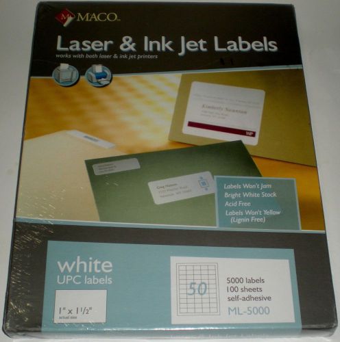 PRINTER LABEL PAPER MACO LASER INK JET 1&#034; X 1 1/2&#034; 50 PER PAGE ML-5000 UPC NEW