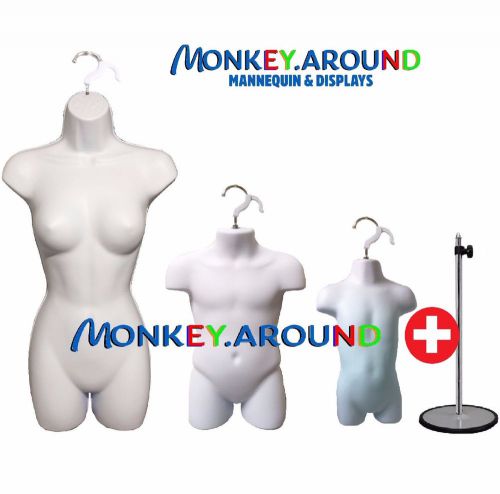 White mannequins (3 pcs ) + 1 metal stand body forms female, child &amp; toddler new for sale