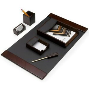 Bey Berk 6 Piece &#034;Walnut&#034; Wood &amp; Brown Leather Desk Set