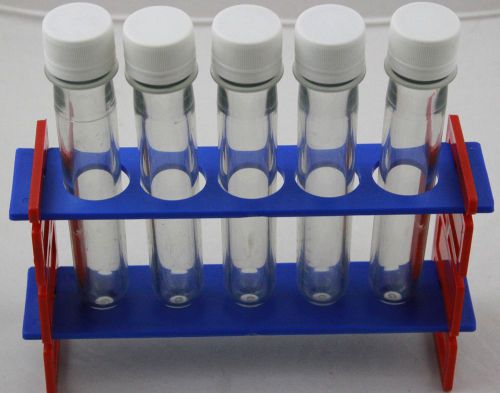 Rack with 5 plastic safety test tube 5.5 l x 1 od inches preform threaded cap for sale