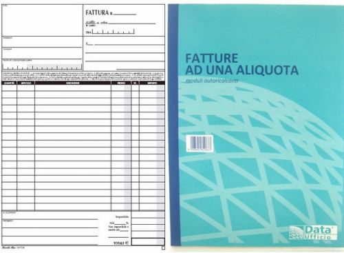 Blocco fatture 1 aliquota.Carta chimica 2 parti. 15x22,5 cm.50x2 fogli. Fattura