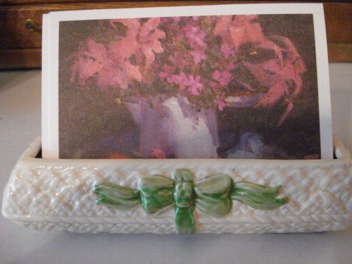 Cream with Green Bow Note Card Holder for Desk Organization, Made in England