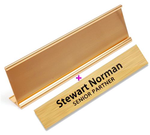 New Custom Brushed GOLDEN Office Desk Name Plate + Plate Holder 2&#034; x 8&#034; size - 1