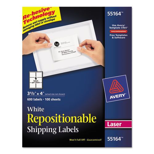 Repositionable Shipping Labels for Laser Printers, 3 1/3 x 4, White, 600/Box