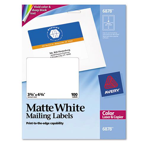 Avery White Laser Labels for Color Printing, 3 3/4&#034;x4 3/4&#034;, 100 per Pack