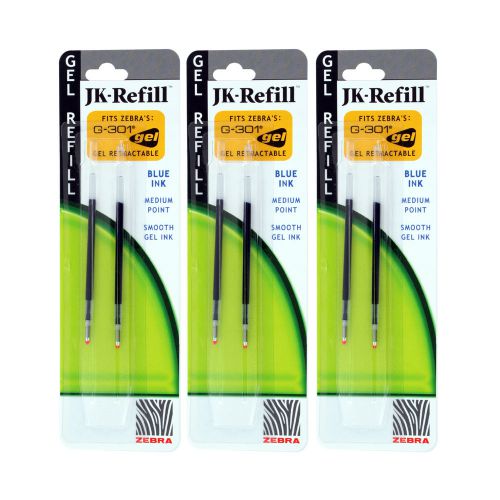 6 Zebra JK-Refll G301 Retractable Ballpoint Pen Refills, 0.7mm, Medium, Blue Ink