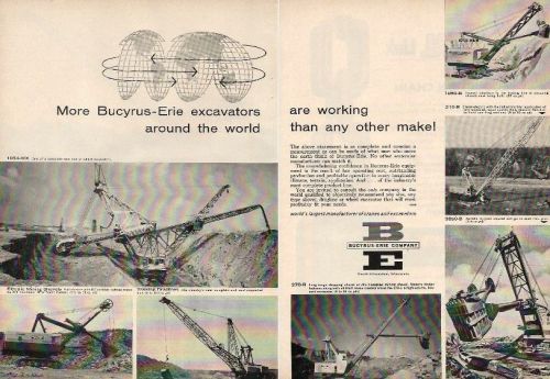1962 Bucyrus-Erie ad, 7 models of shovels,cranes,wheel excavator,etc, dbl-pg
