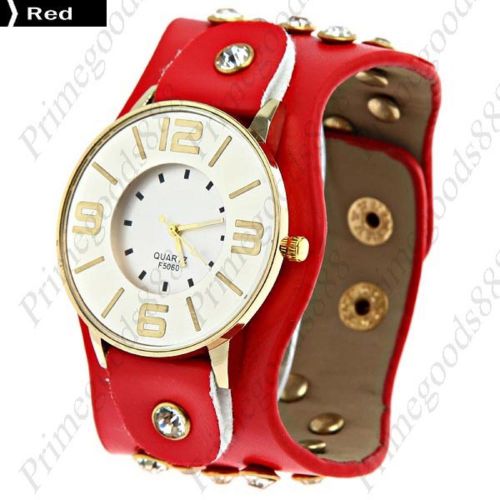 Wide Round Analog PU Leather Lady Ladies Wrist Quartz Wristwatch Women&#039;s Red